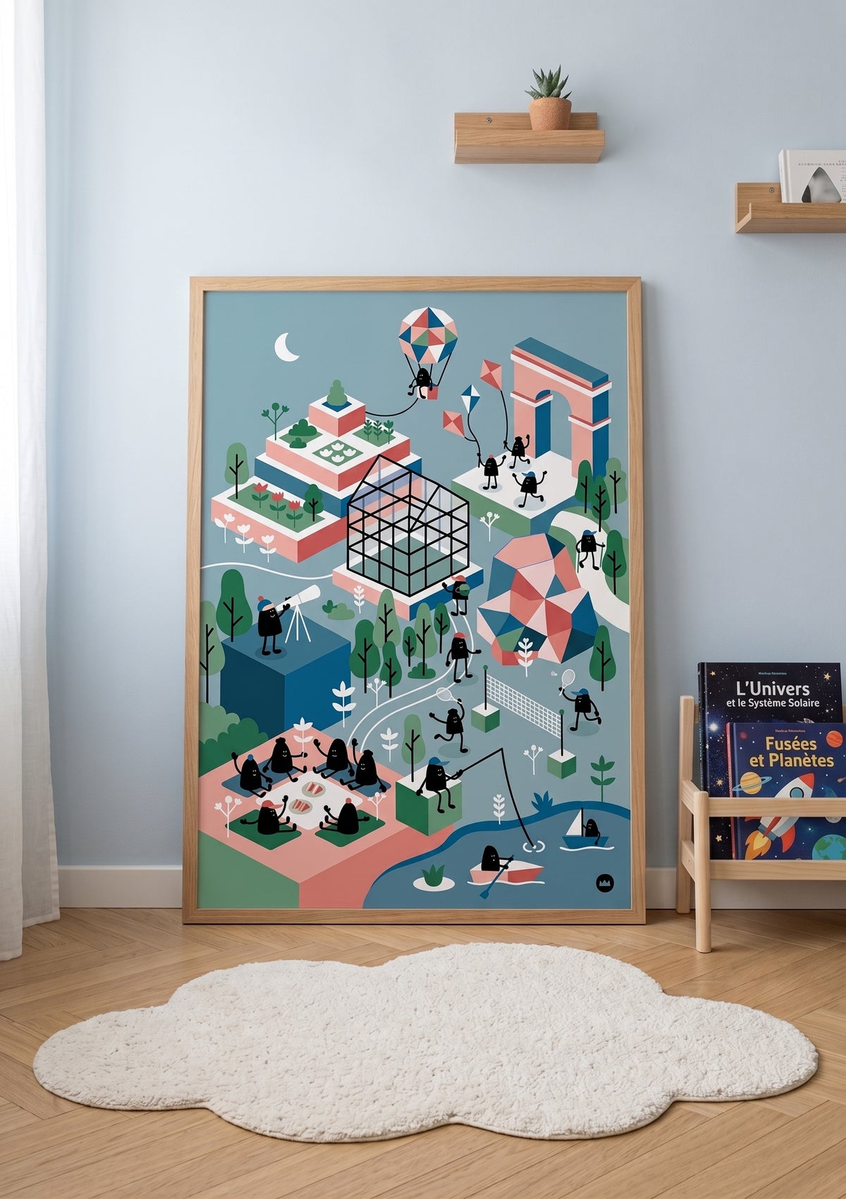 Affiche illustrée Lolilé en perspective isométrique montrant un parc animé : personnages noirs pique-niquant, faisant du cerf-volant, de la montgolfière et de la barque.