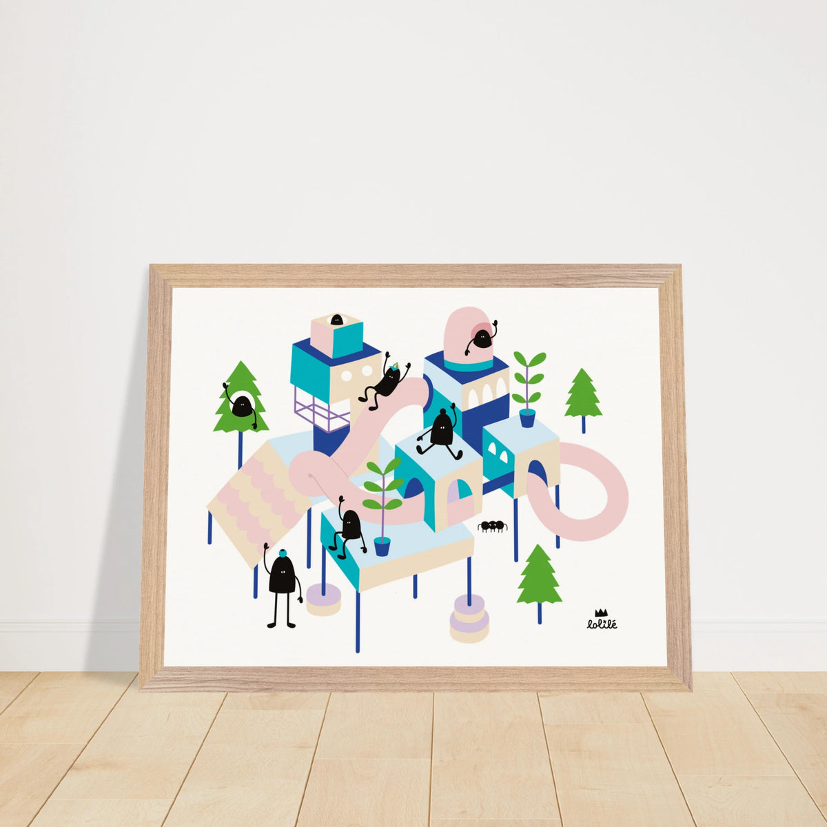 Grande affiche au format paysage encadrée en bois pour décoration de chambre d'enfant, représentant un village imaginaire et ludique