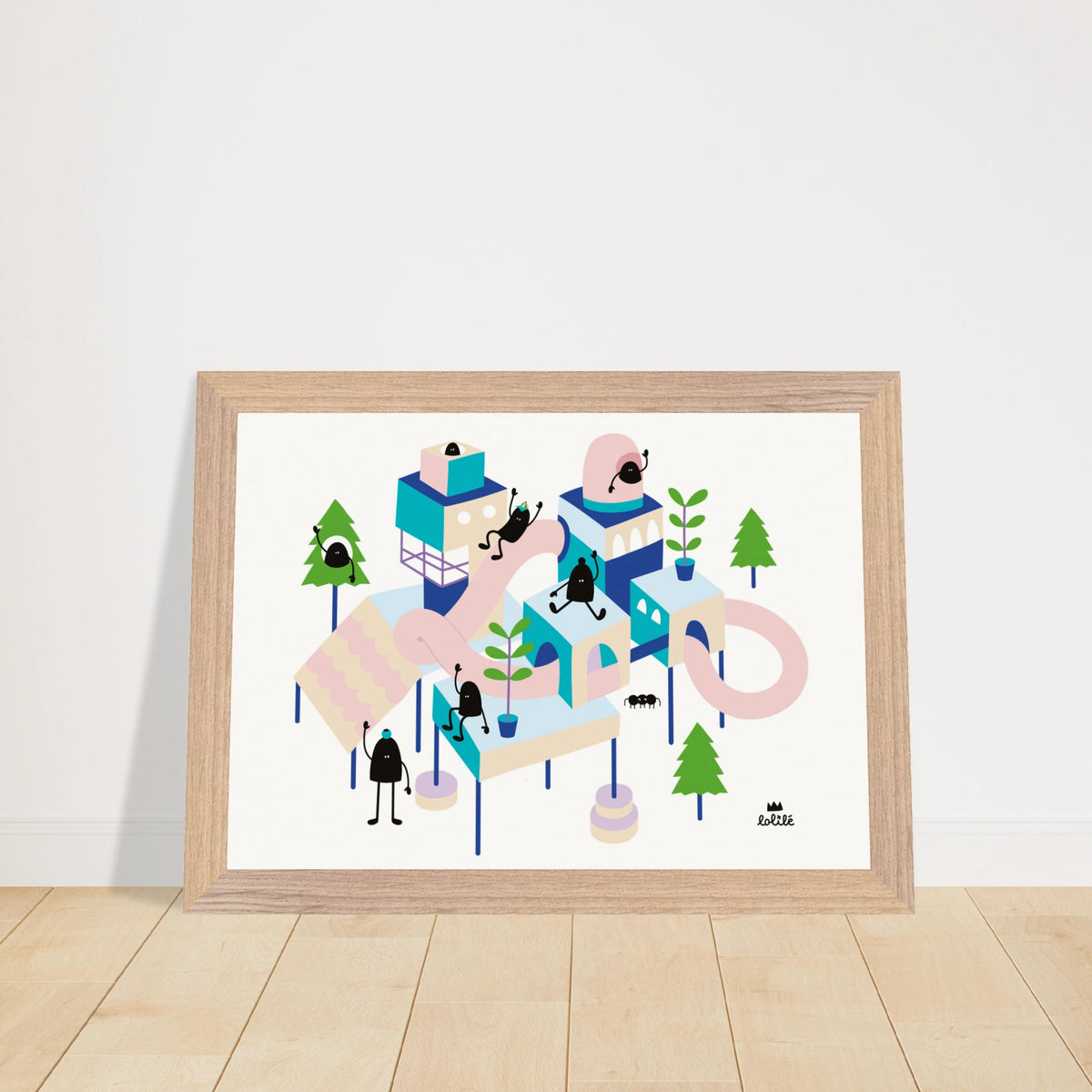 Grande affiche au format paysage encadrée en bois pour décoration de chambre d'enfant, représentant un village imaginaire et ludique