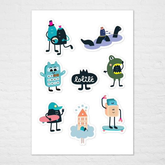 Planche de stickers et autocollants décoratifs illustrés représentant de petits personnages rigolos pour les enfants