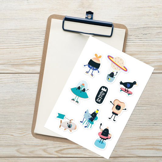 Planche de stickers et autocollants décoratifs illustrés représentant de petits personnages rigolos pour les enfants