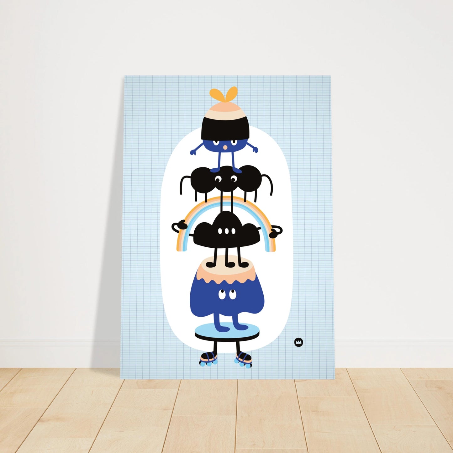 Affiche pour chambre d'enfant "Les amis perchés" signée Lolilé, montrant un totem vertical de petits personnages rigolos et colorés en équilibre.