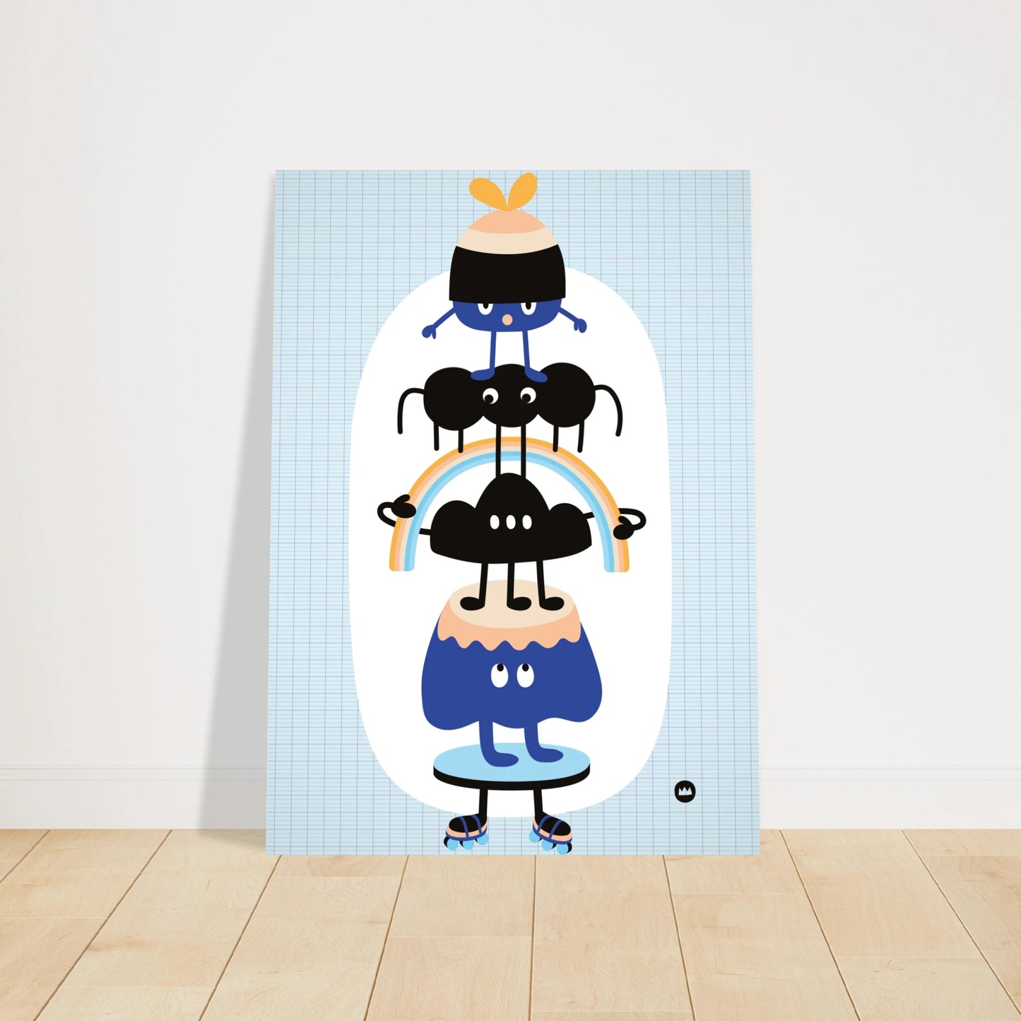 Affiche pour chambre d'enfant "Les amis perchés" signée Lolilé, montrant un totem vertical de petits personnages rigolos et colorés en équilibre.