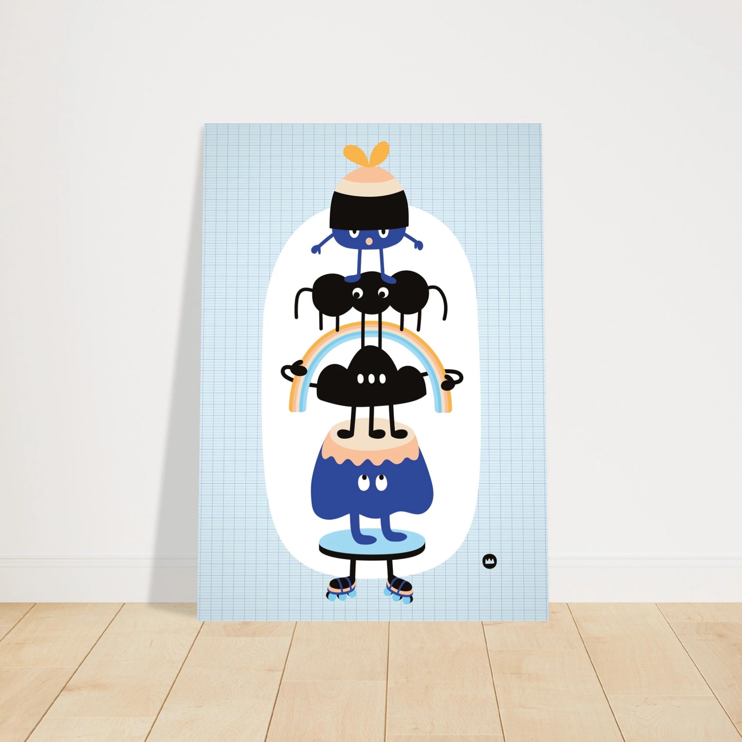 Affiche pour chambre d'enfant "Les amis perchés" signée Lolilé, montrant un totem vertical de petits personnages rigolos et colorés en équilibre.