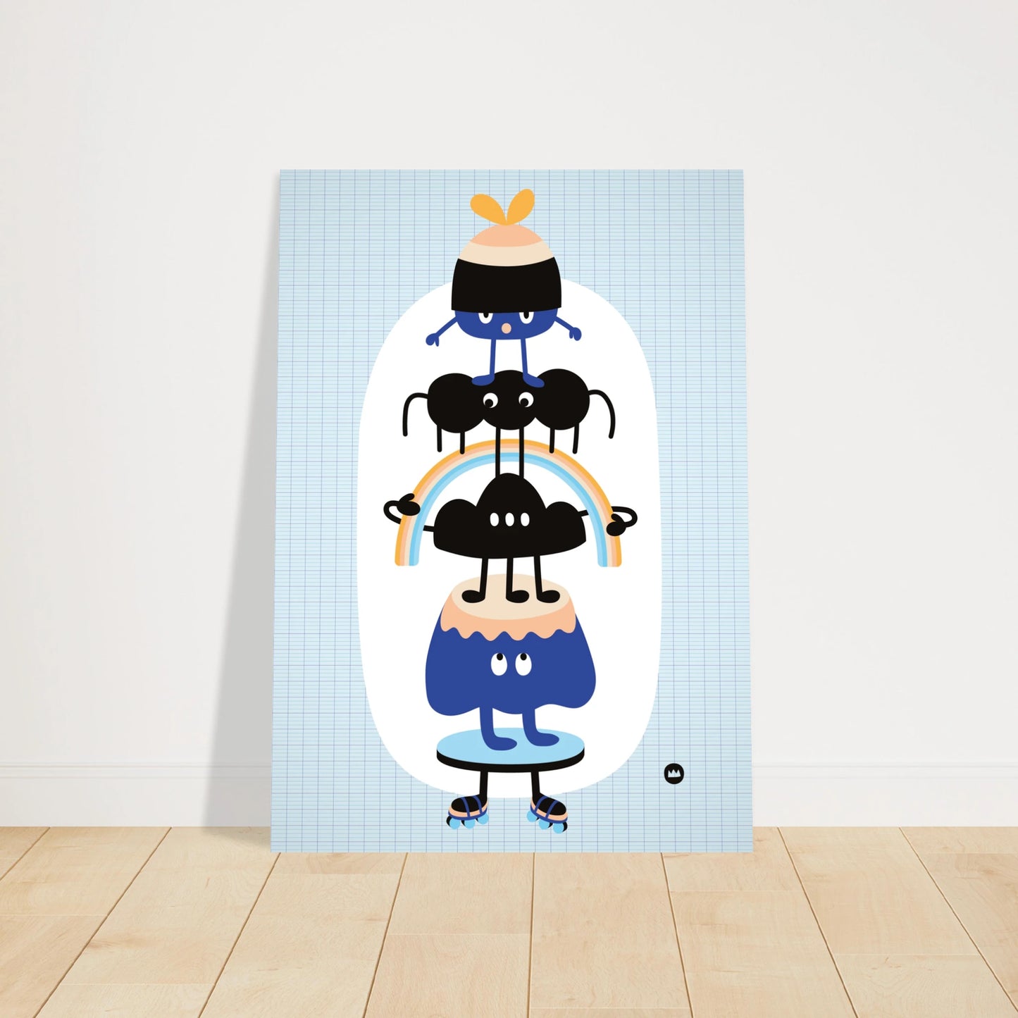 Affiche pour chambre d'enfant "Les amis perchés" signée Lolilé, montrant un totem vertical de petits personnages rigolos et colorés en équilibre.