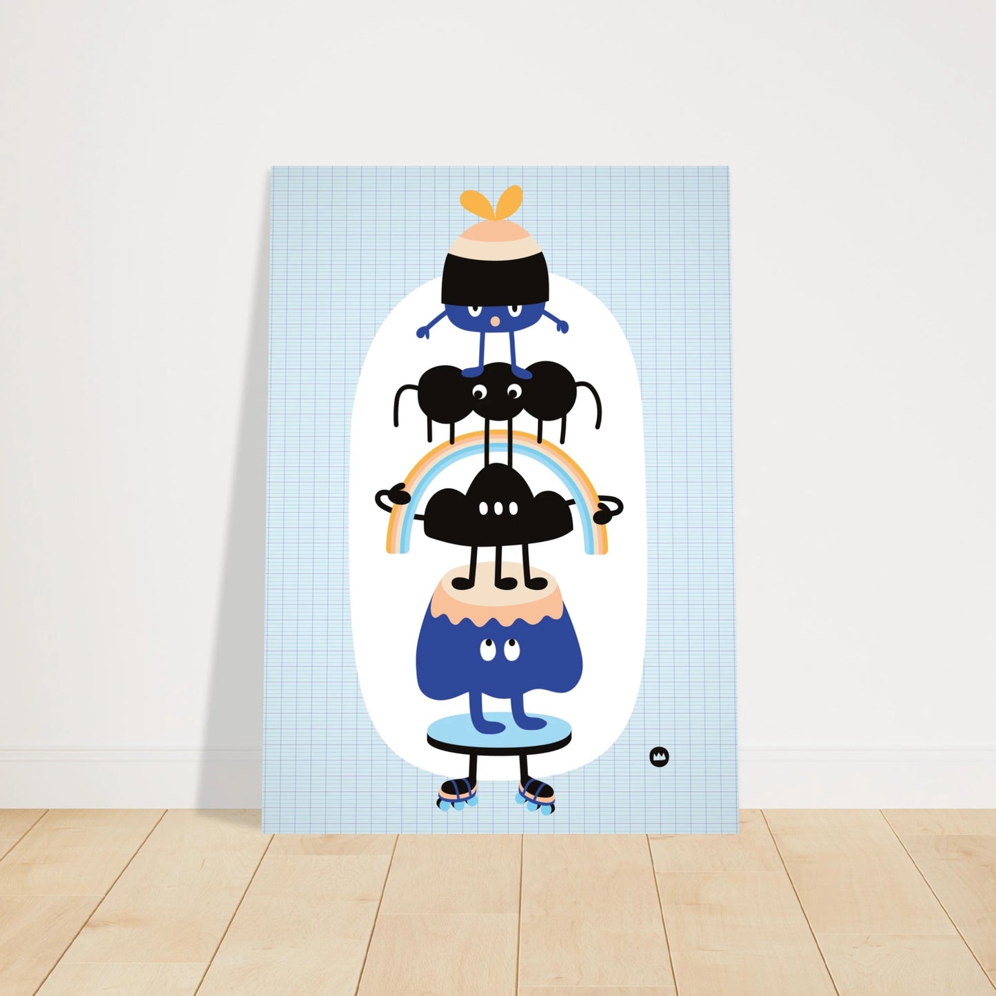 Affiche pour chambre d'enfant "Les amis perchés" signée Lolilé, montrant un totem vertical de petits personnages rigolos et colorés en équilibre.