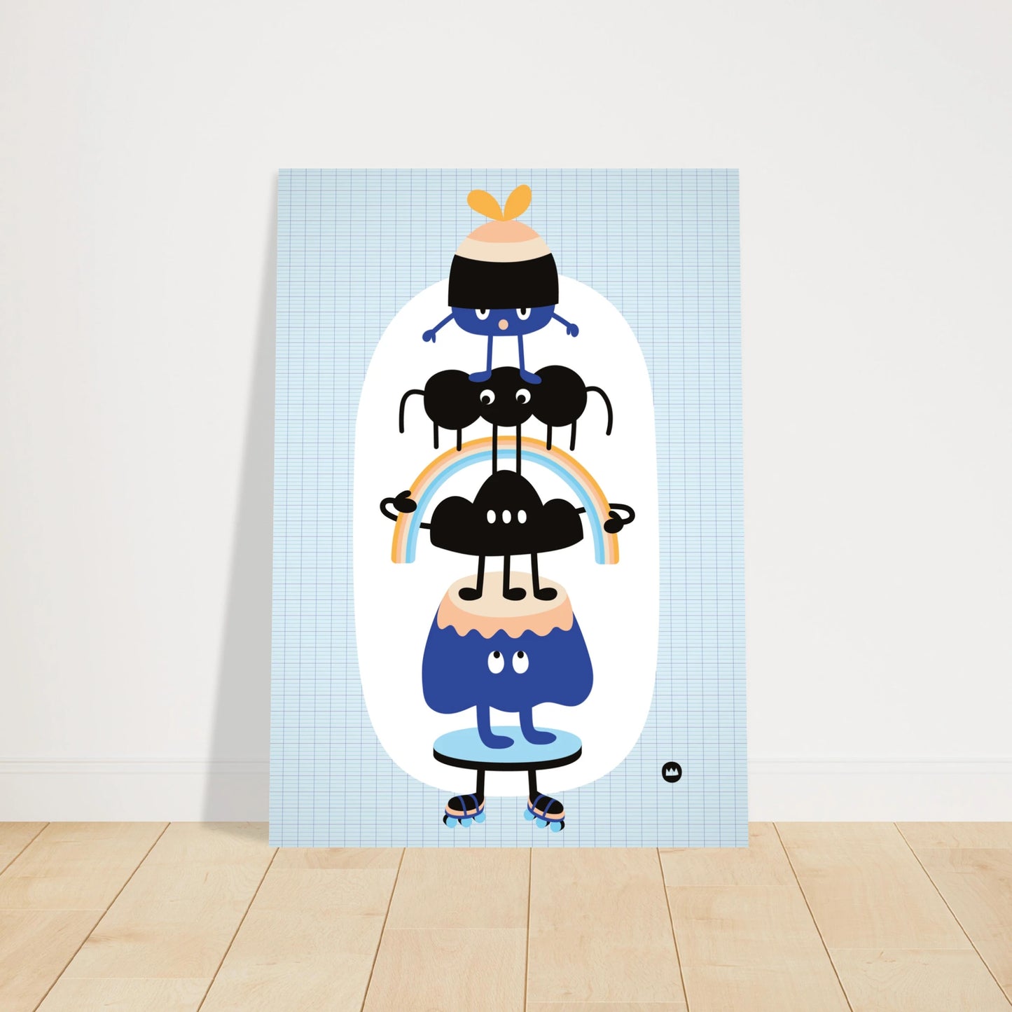 Affiche pour chambre d'enfant "Les amis perchés" signée Lolilé, montrant un totem vertical de petits personnages rigolos et colorés en équilibre.